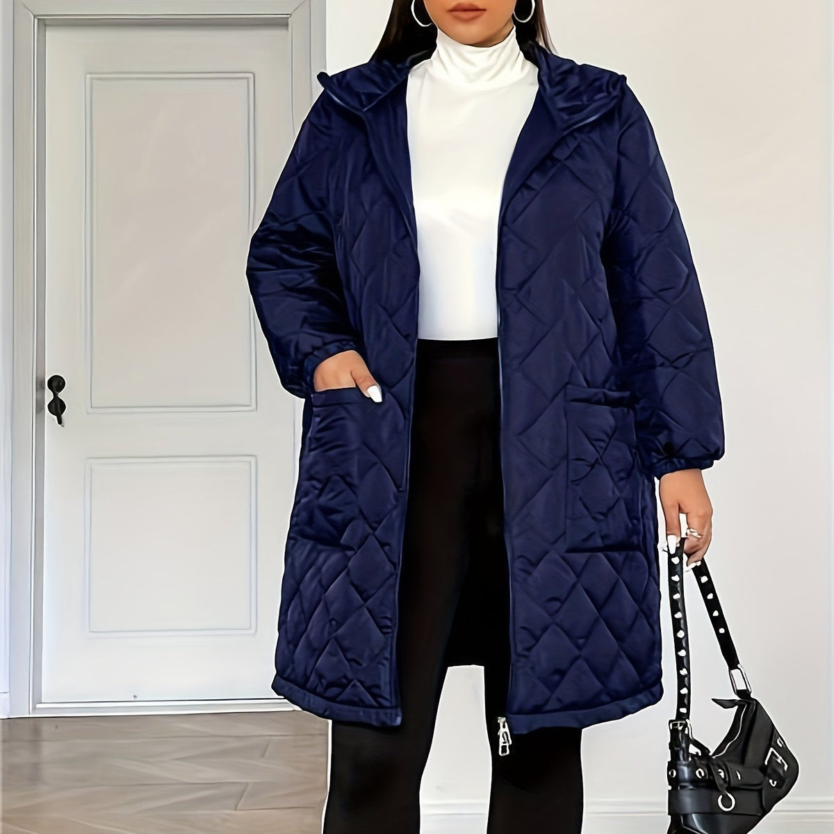 Manteau grande taille, coupe oversize, longueur midi, capuche, tissu opaque