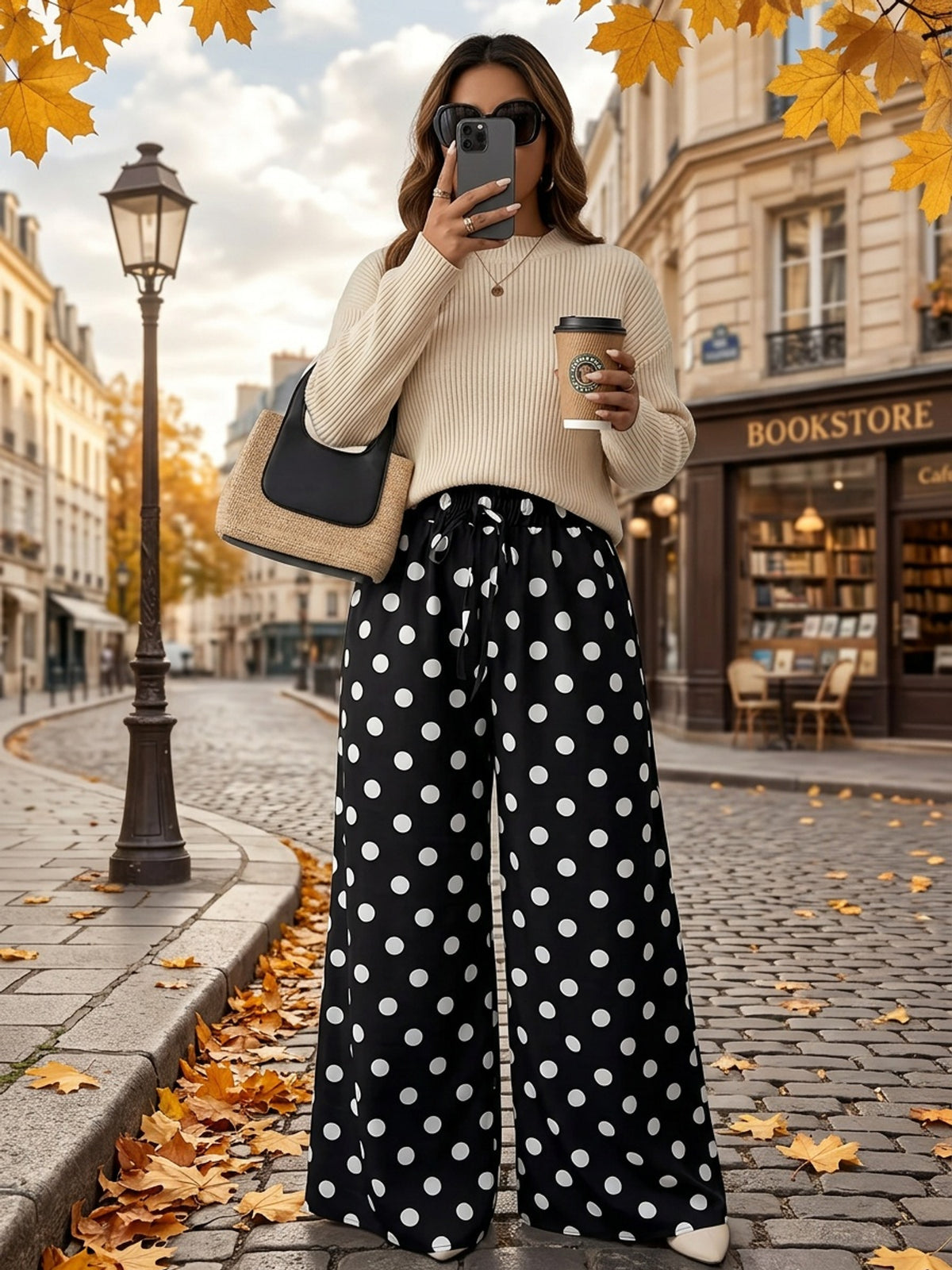 Pantalon grande taille à pois, coupe évasée, visuel produit