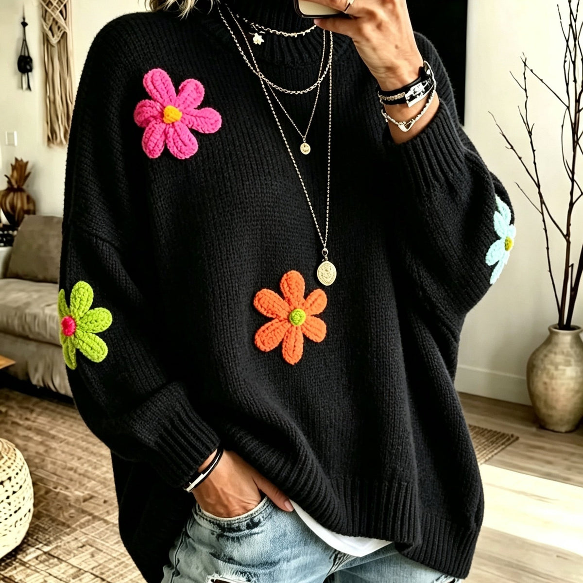 Pull grande taille, chaleur d'hiver, coupe asymétrique — matière : polyester