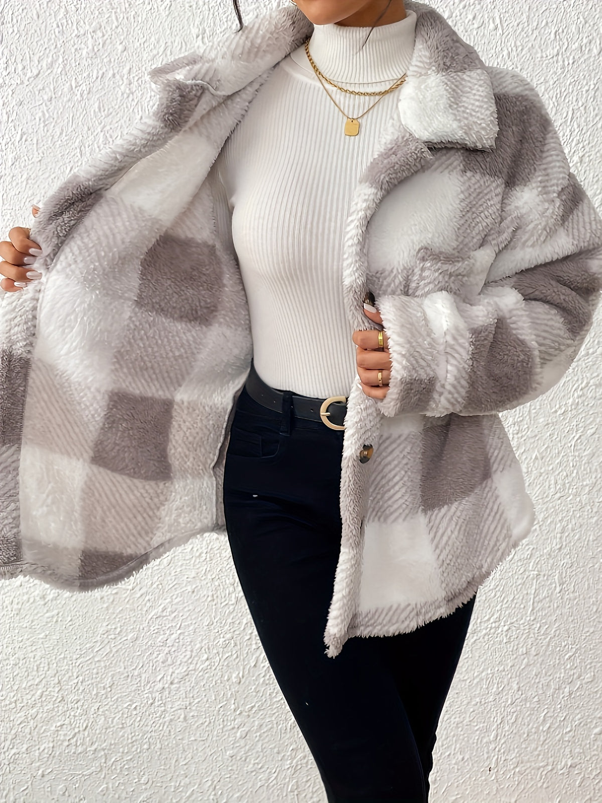 Veste grande taille à carreaux, col mao, boutonnage, manches longues