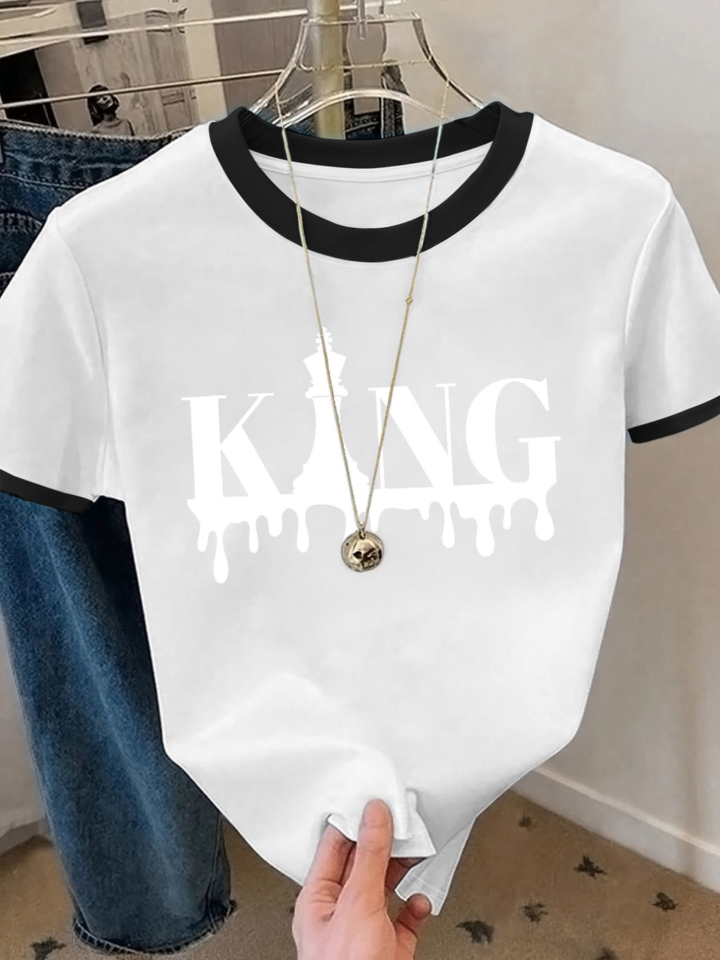 T-shirt grande taille, col rond, manches courtes, esprit décontracté