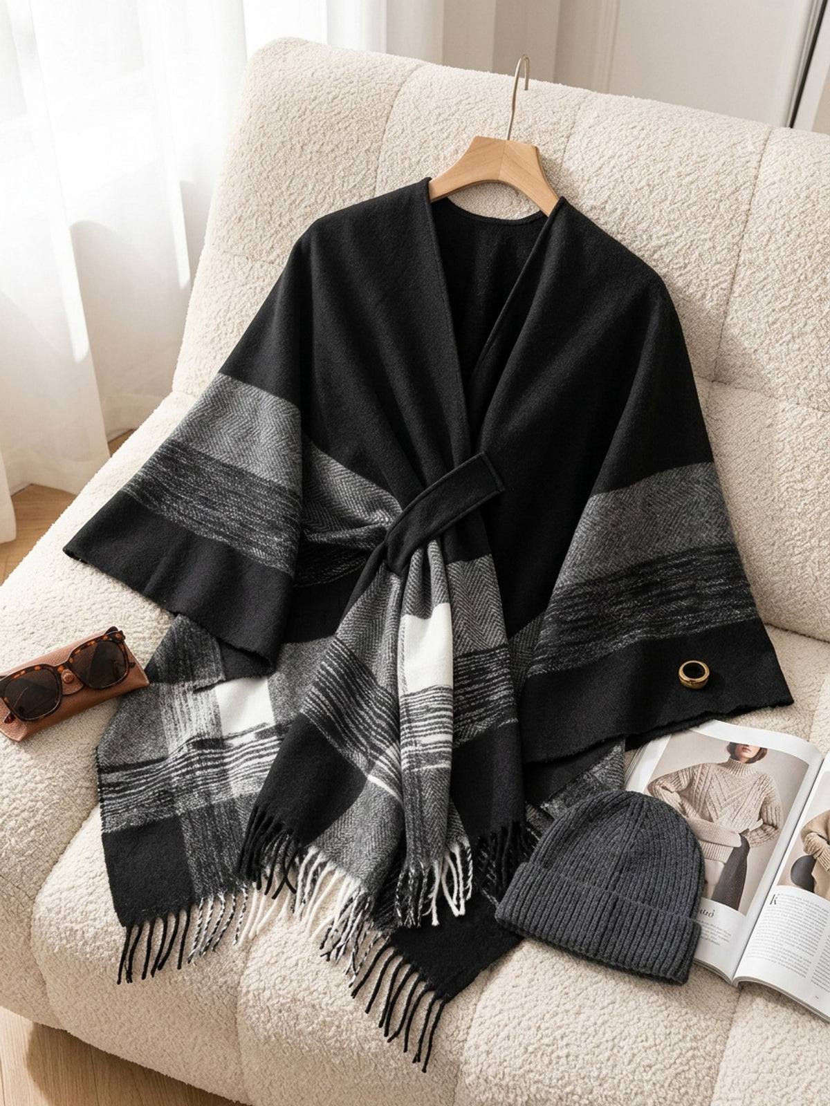 Châle grande taille à rayures, toucher moelleux, chaleur d'hiver, tissu opaque