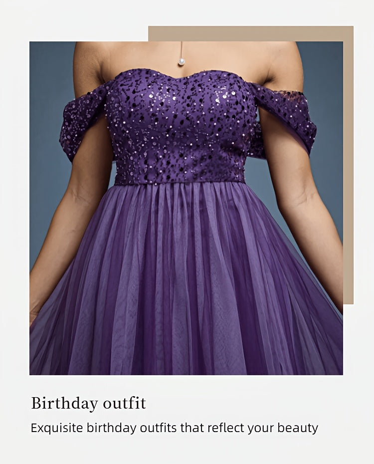 Robe de soirée grande taille — Tulle violet sequins perlés