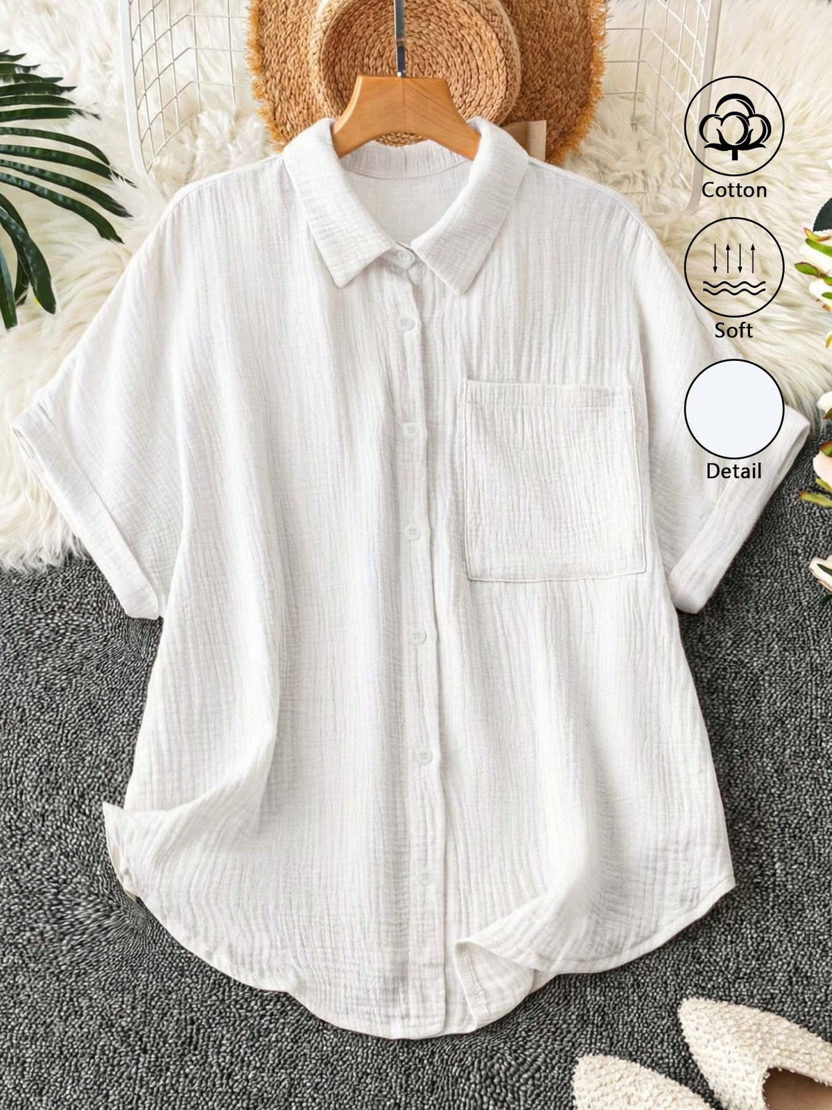 Chemise grande taille, coupe oversize, manches courtes, toucher naturel — composition : 100% Coton Image
