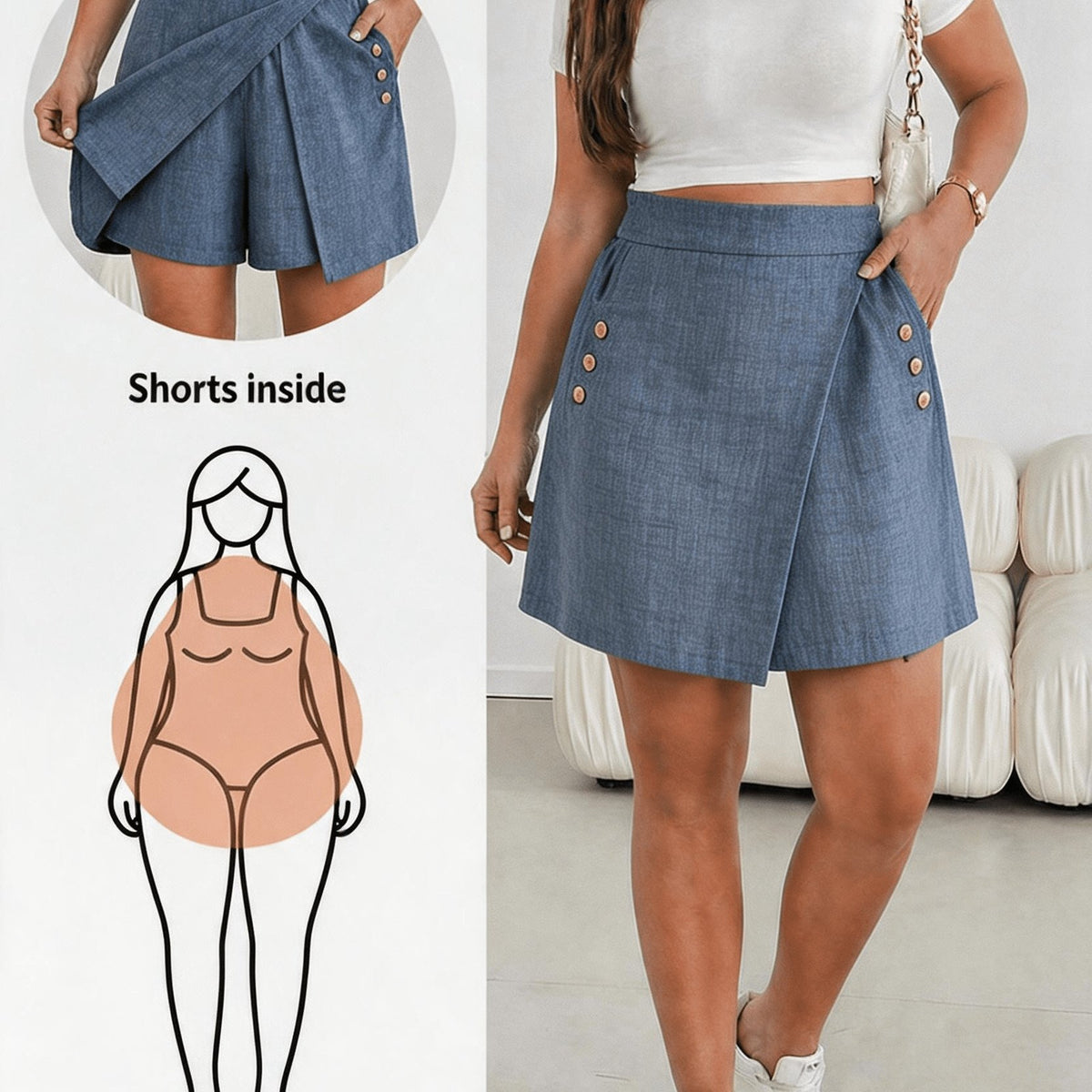 Short grande taille, poches pratiques, porté de face