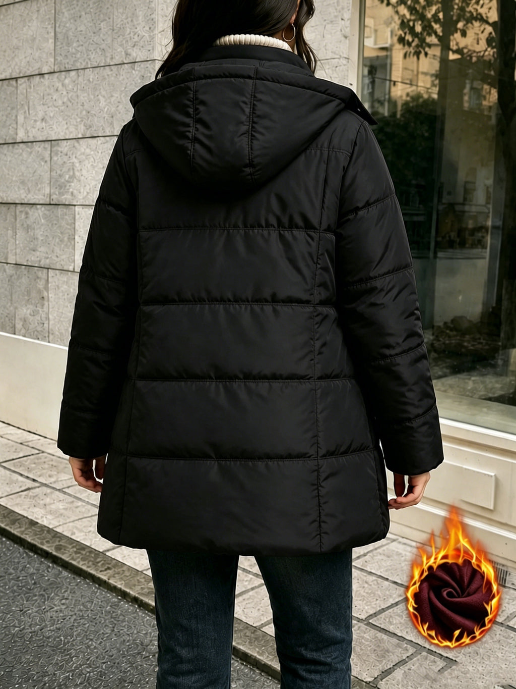 Veste grande taille, coupe oversize, longueur midi, capuche, vu de dos