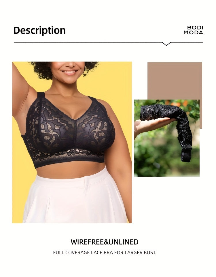 Soutien-gorge grande taille en dentelle, effet ajouré, détail du col