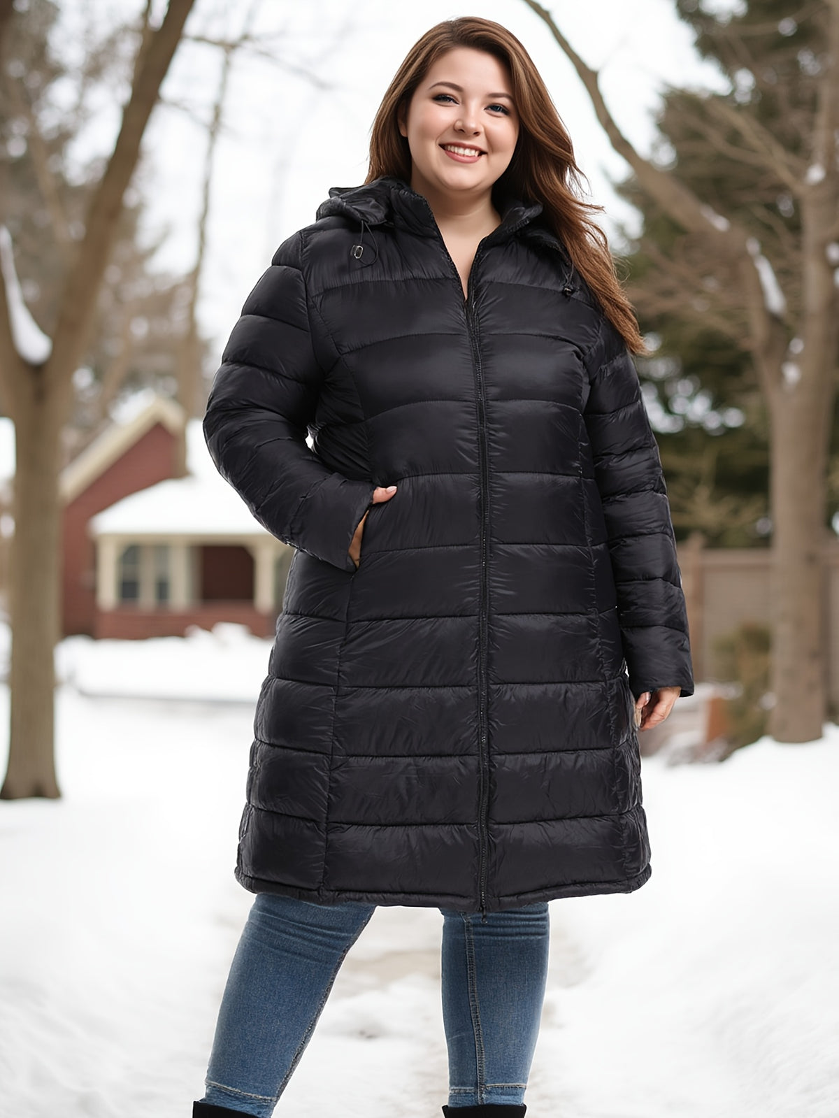 Manteau grande taille, col mao, capuche, chaleur d'hiver, détail du tissu
