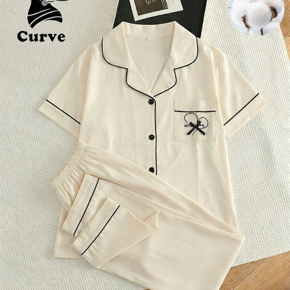 Pyjama grande taille à broderies, manches courtes, toucher naturel — matière : coton