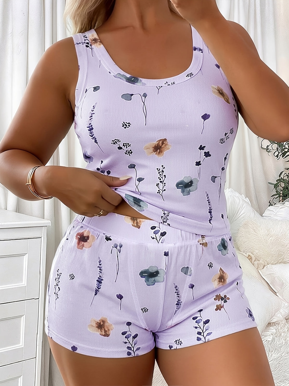 Pyjama grande taille à imprimé fleuri, tombé fluide