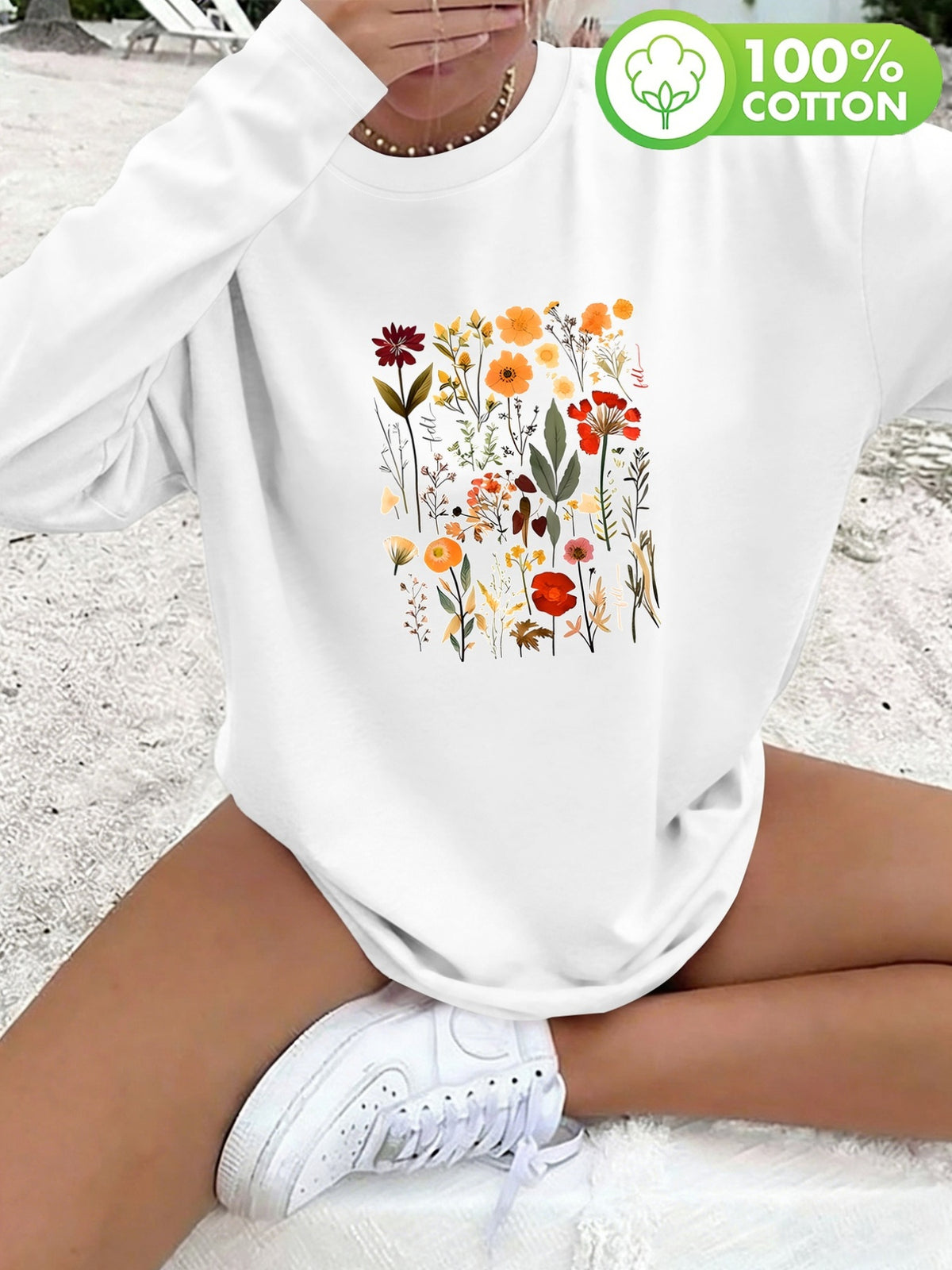 T-shirt grande taille à imprimé fleuri, manches longues, toucher naturel Image