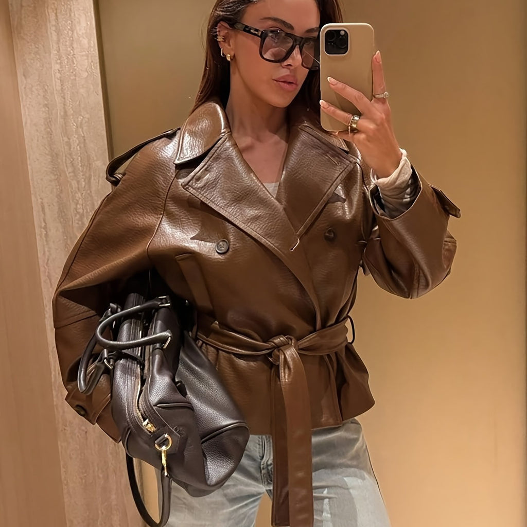 Veste grande taille en cuir synthétique, col — matière : cuir synthétique