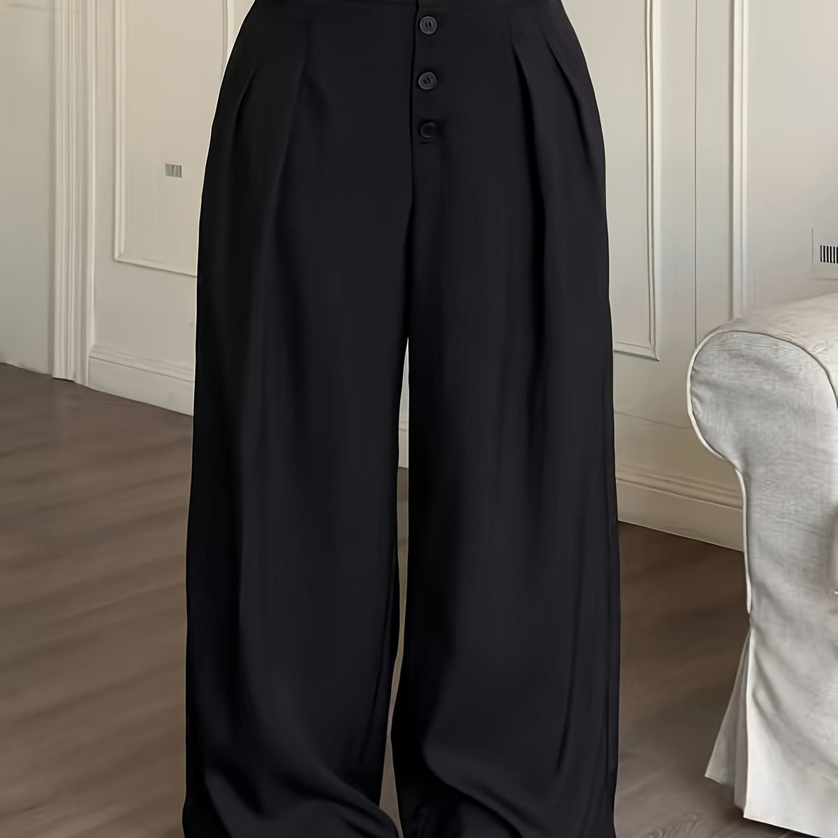 Pantalon grande taille, coupe évasée, boutonnage — matière : polyester Image