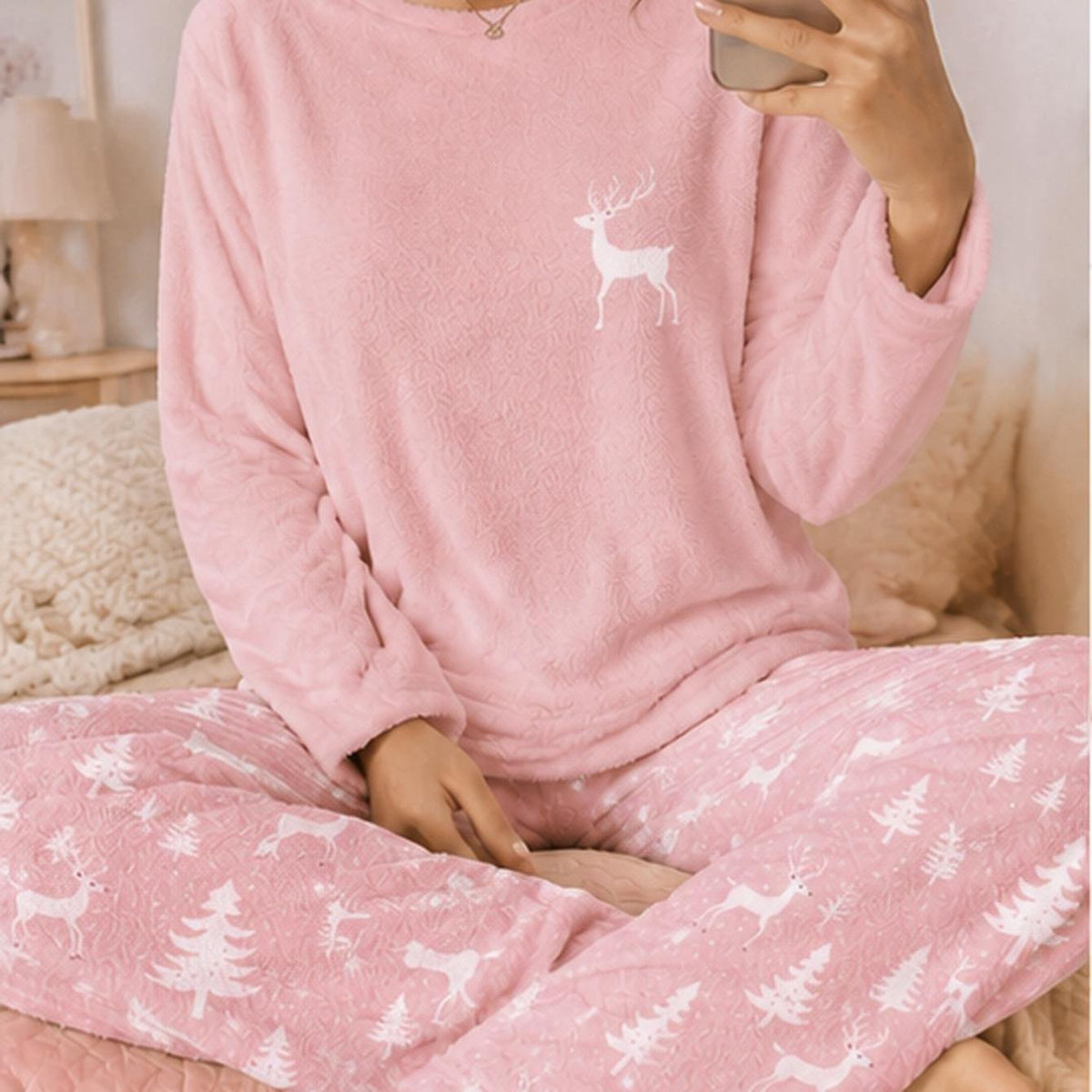 Pyjama grande taille, coupe ample, col rond, manches longues