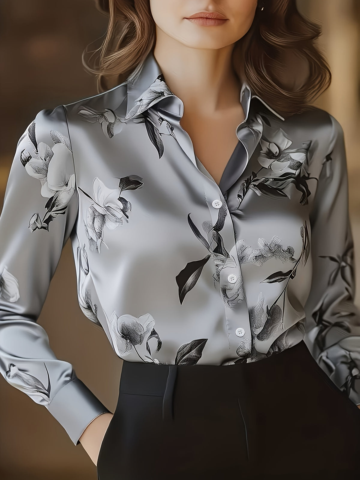 Chemise grande taille en satin à imprimé fleuri, manches longues, tombé fluide, mise en situation