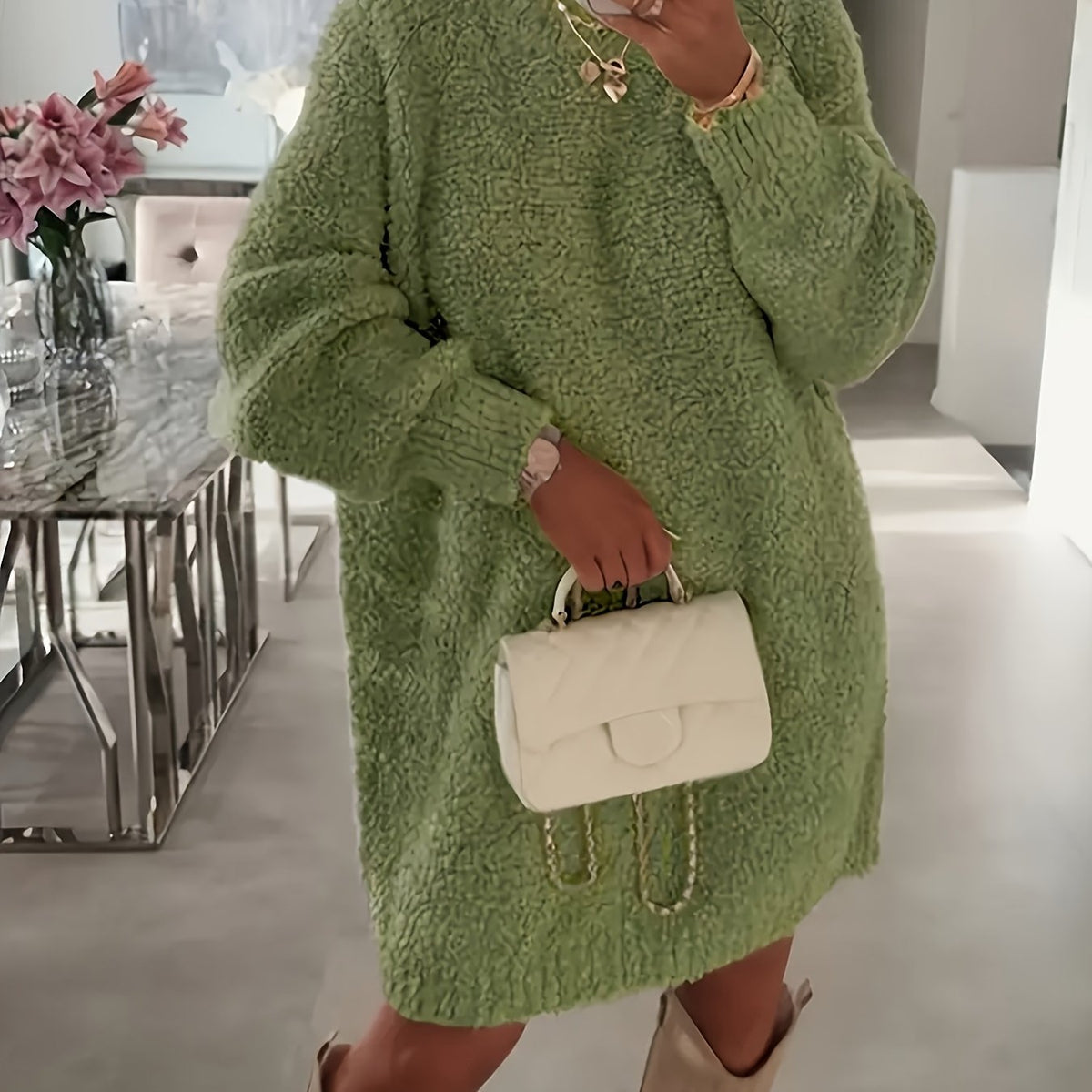 Manteau grande taille en maille, coupe oversize, col V, maille souple — matière : maille Image