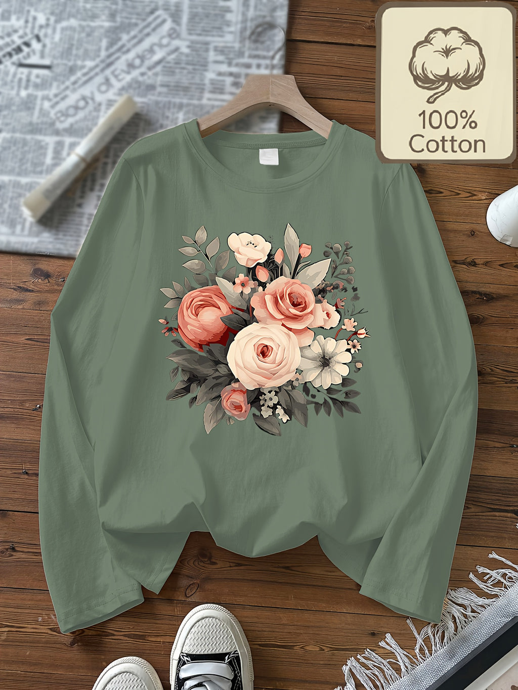Top grande taille, col rond, manches longues, toucher naturel, gros plan