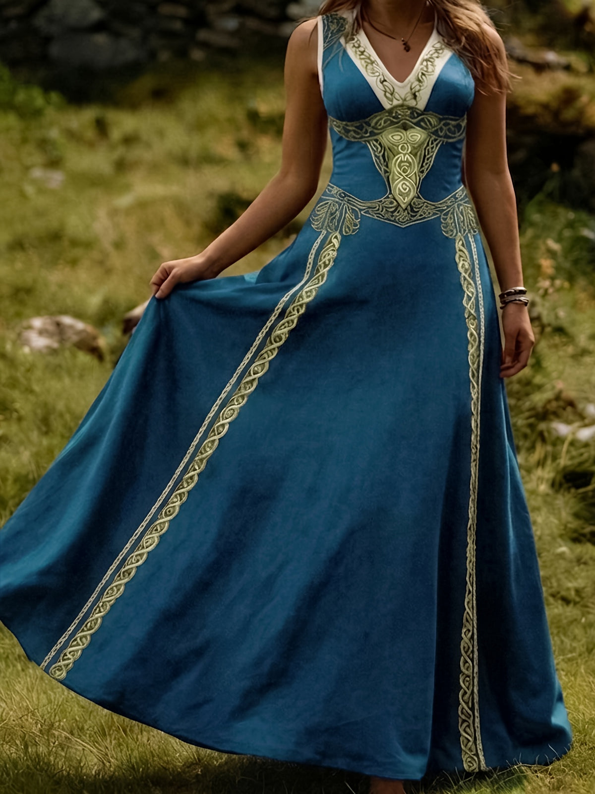 Robe longue grande taille — Entrelacs celtiques et col en V