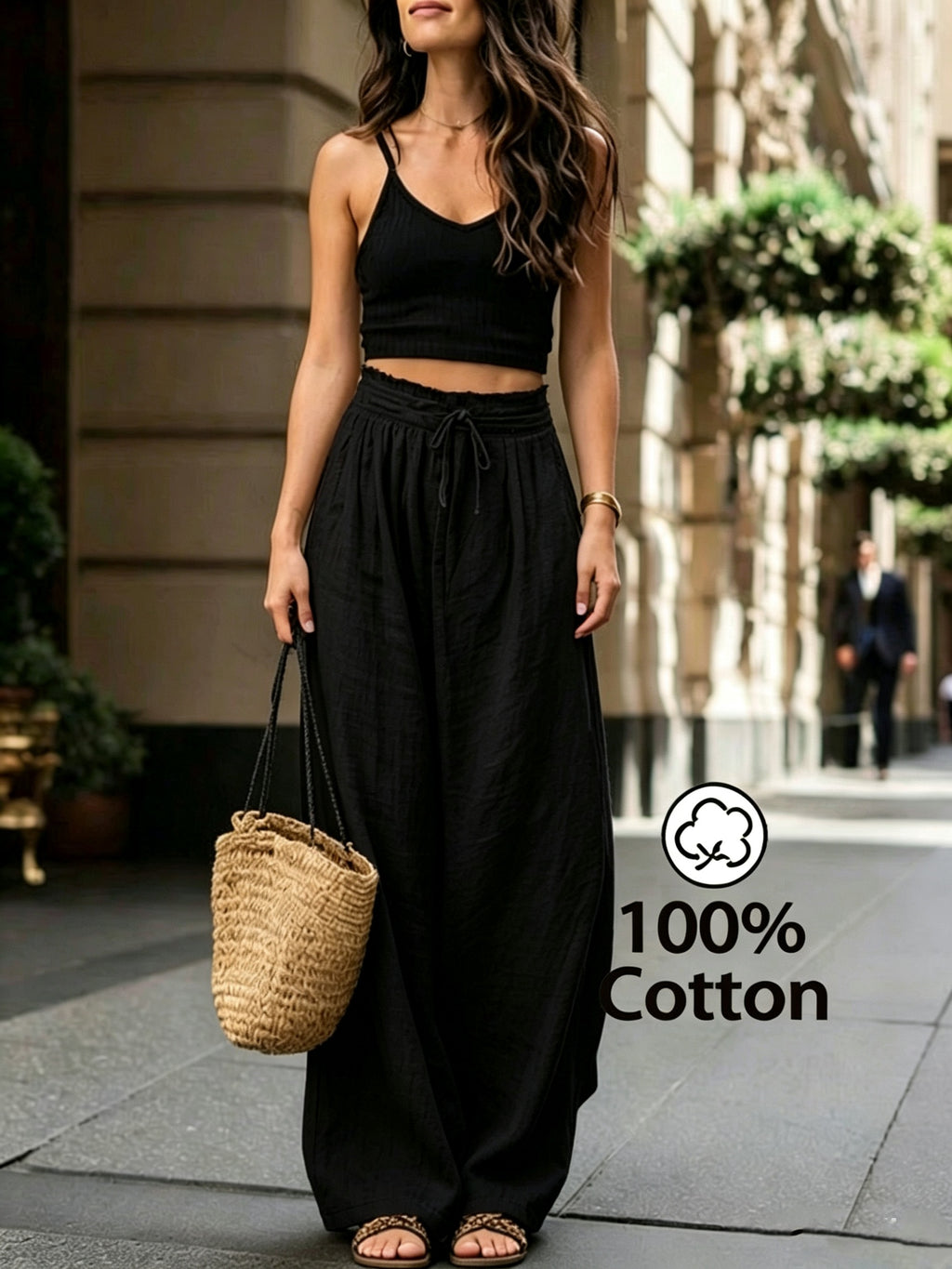 Pantalon en coton grande taille — Taille froncée et cordon