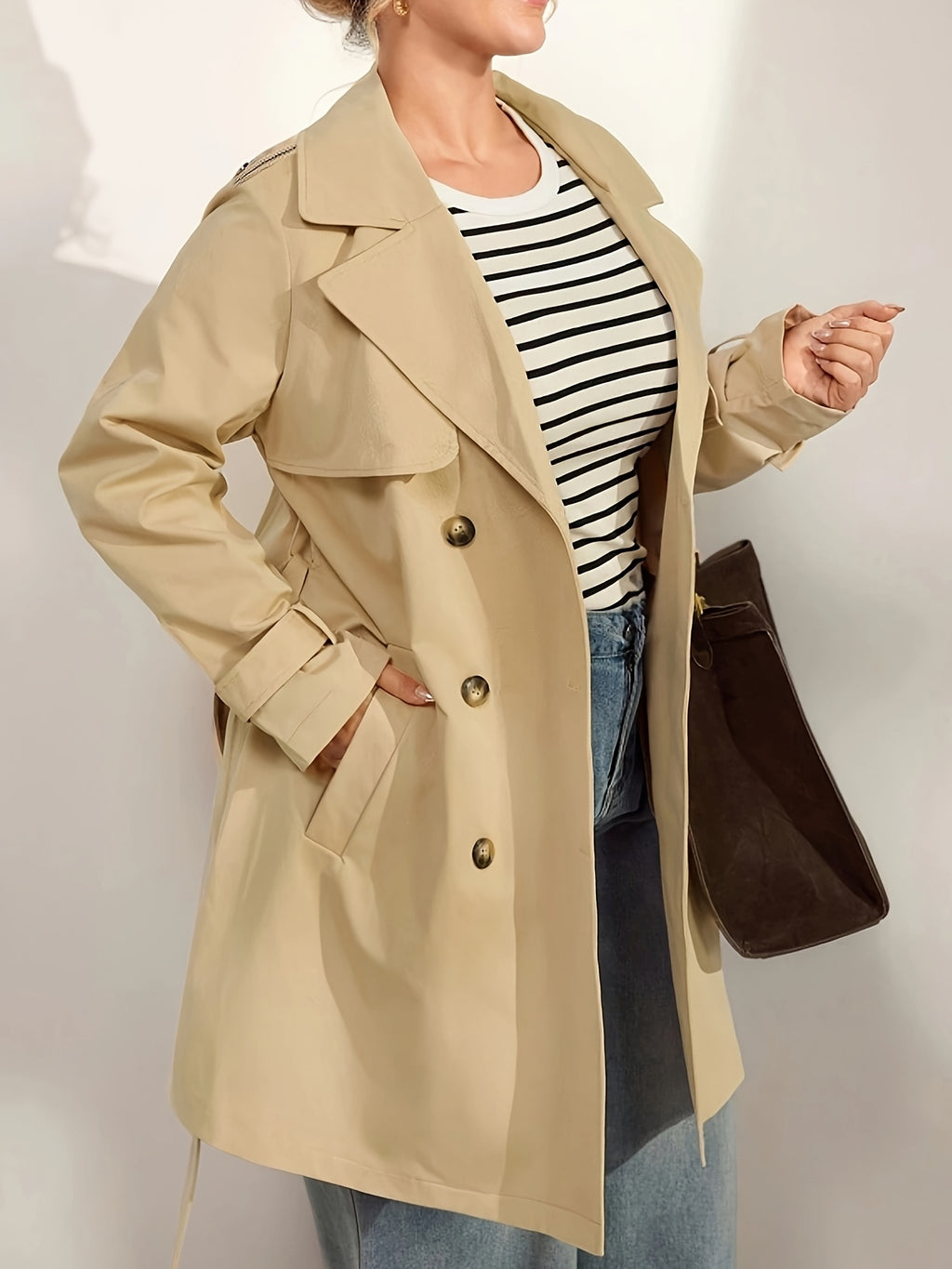 Trench grande taille, col à revers, boutonnage, esprit décontracté, tissu opaque