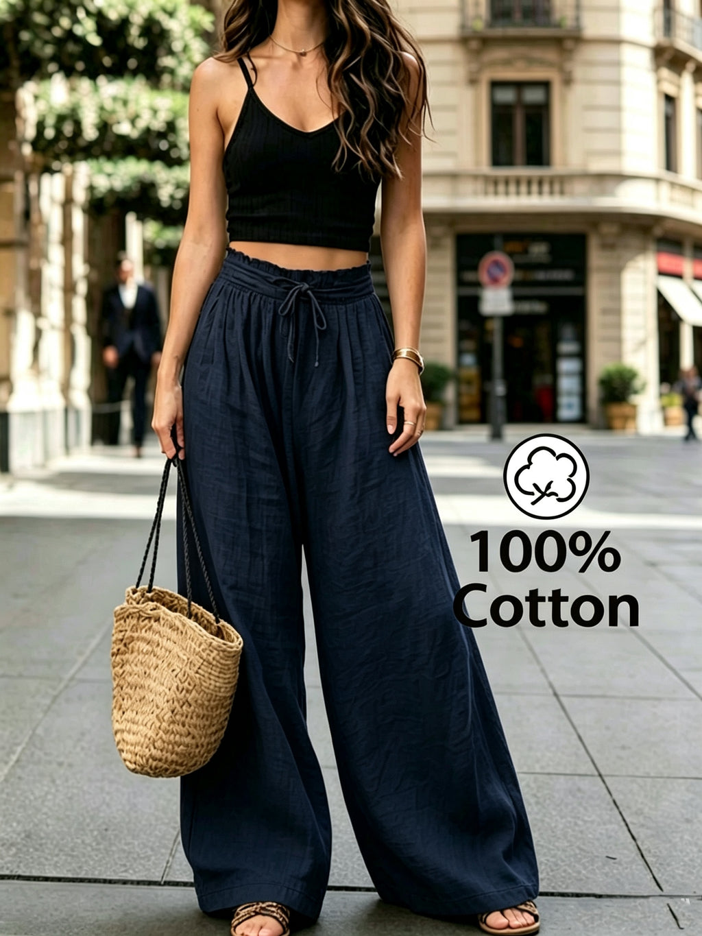 Pantalon en coton grande taille — Taille froncée et cordon