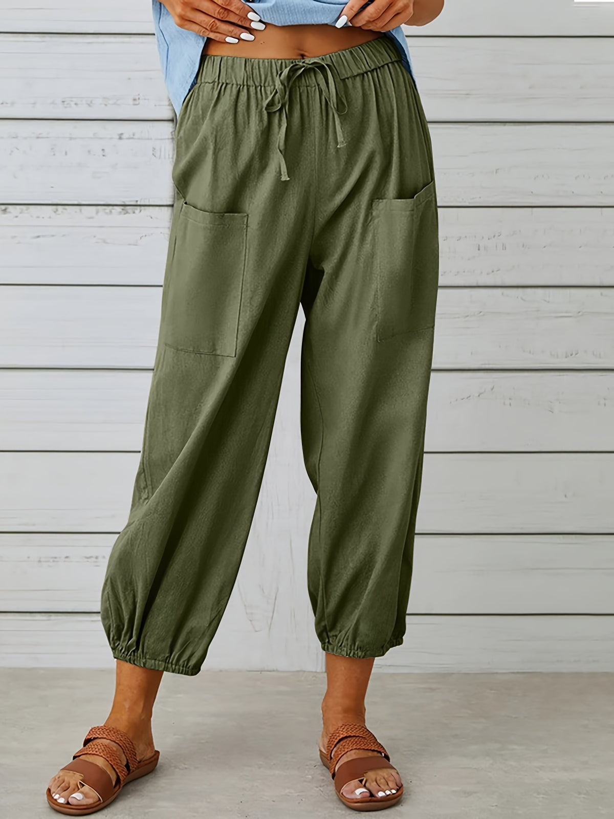 Pantalon grande taille en lin, cordon de serrage, tenue souple, vu de dos