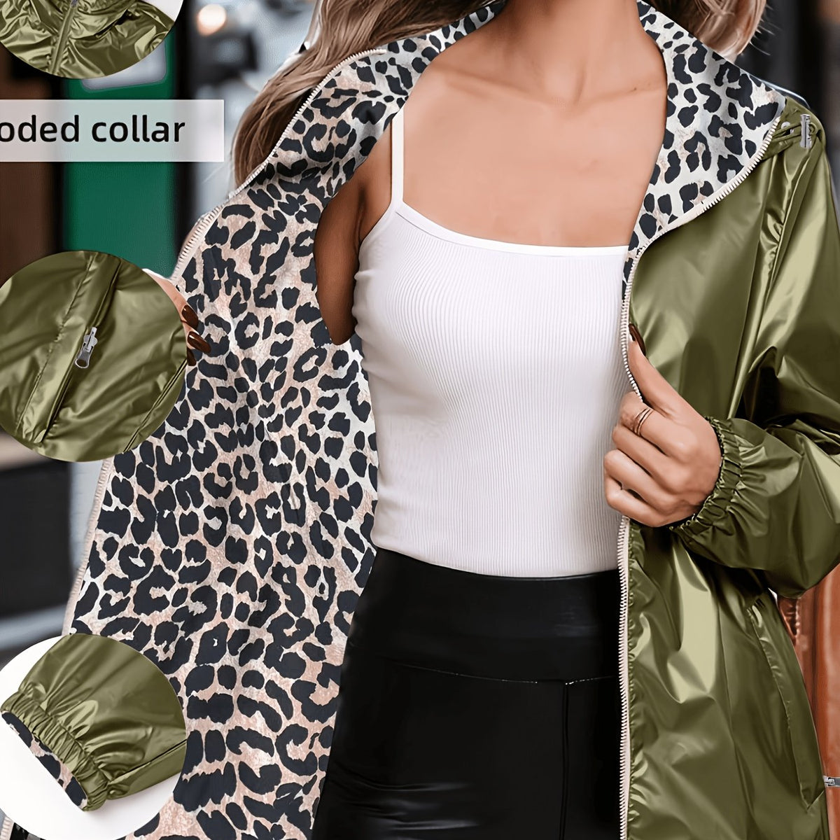 Veste grande taille à imprimé léopard, coupe ample, capuche, porté de face