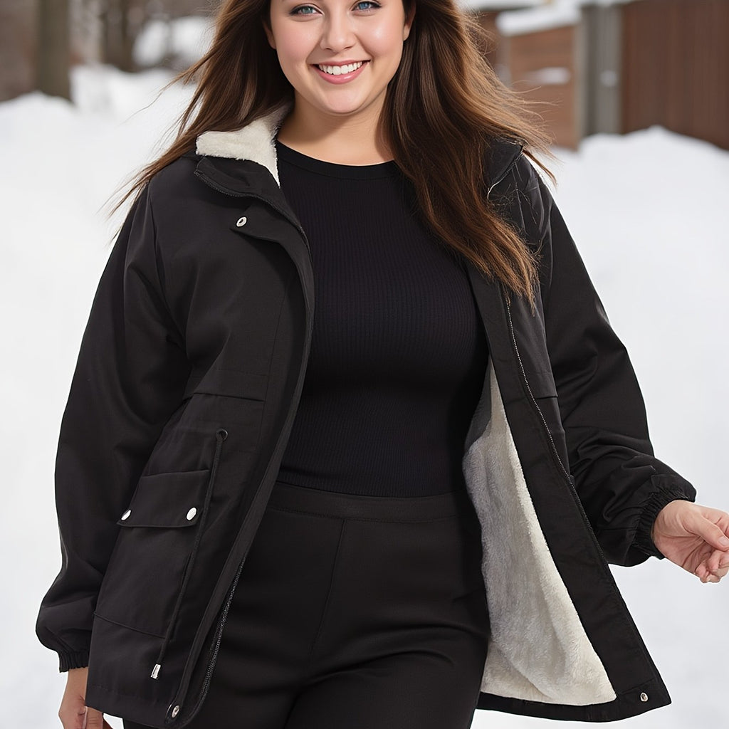 Veste grande taille, coupe oversize, cordon de serrage, capuche — matière : polyester