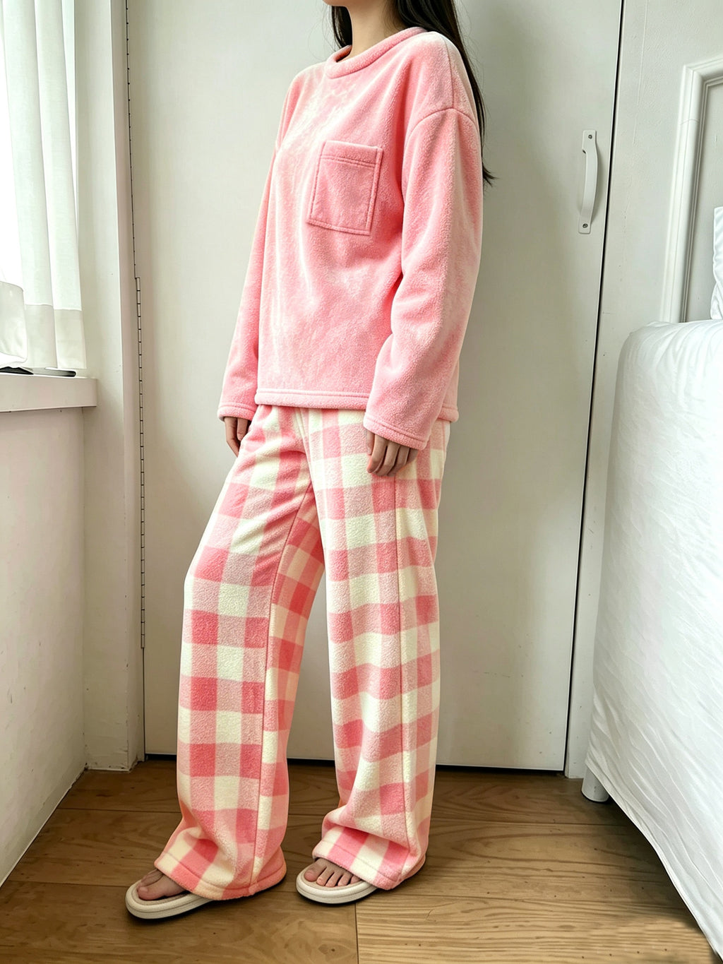 Pyjama grande taille à carreaux, chaleur d'hiver, esprit décontracté, porté de face