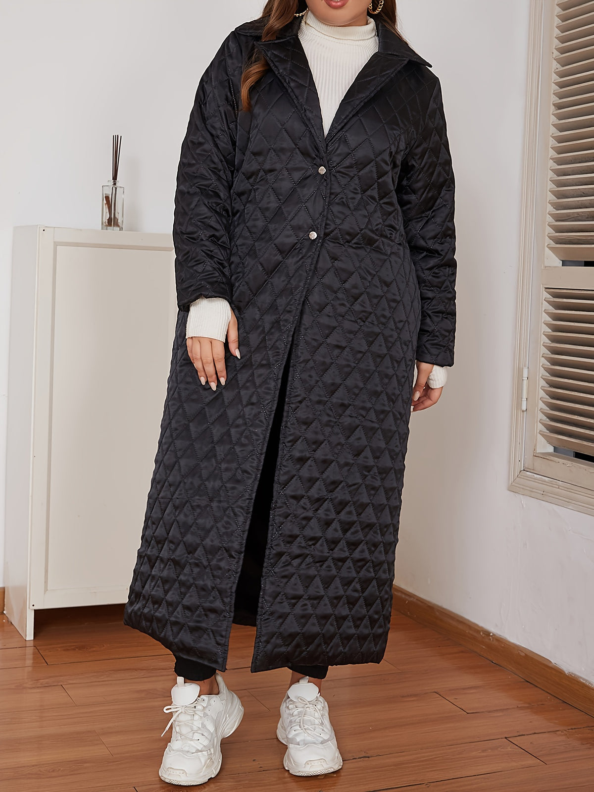 Manteau grande taille, col V, chaleur d'hiver, porté de face