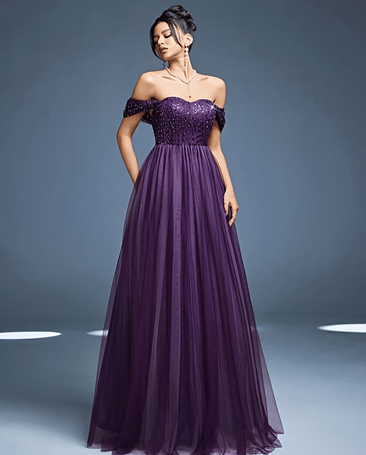 Robe de soirée grande taille — Tulle violet sequins perlés