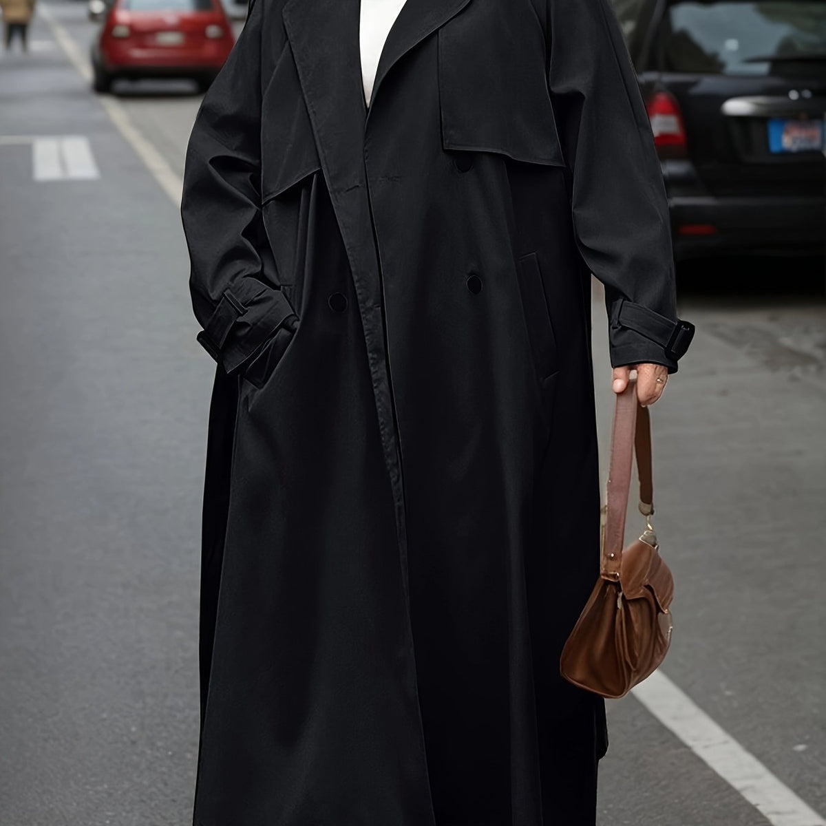 Manteau grande taille, coupe longue, col à revers, boutonnage — composition : 100% Polyester