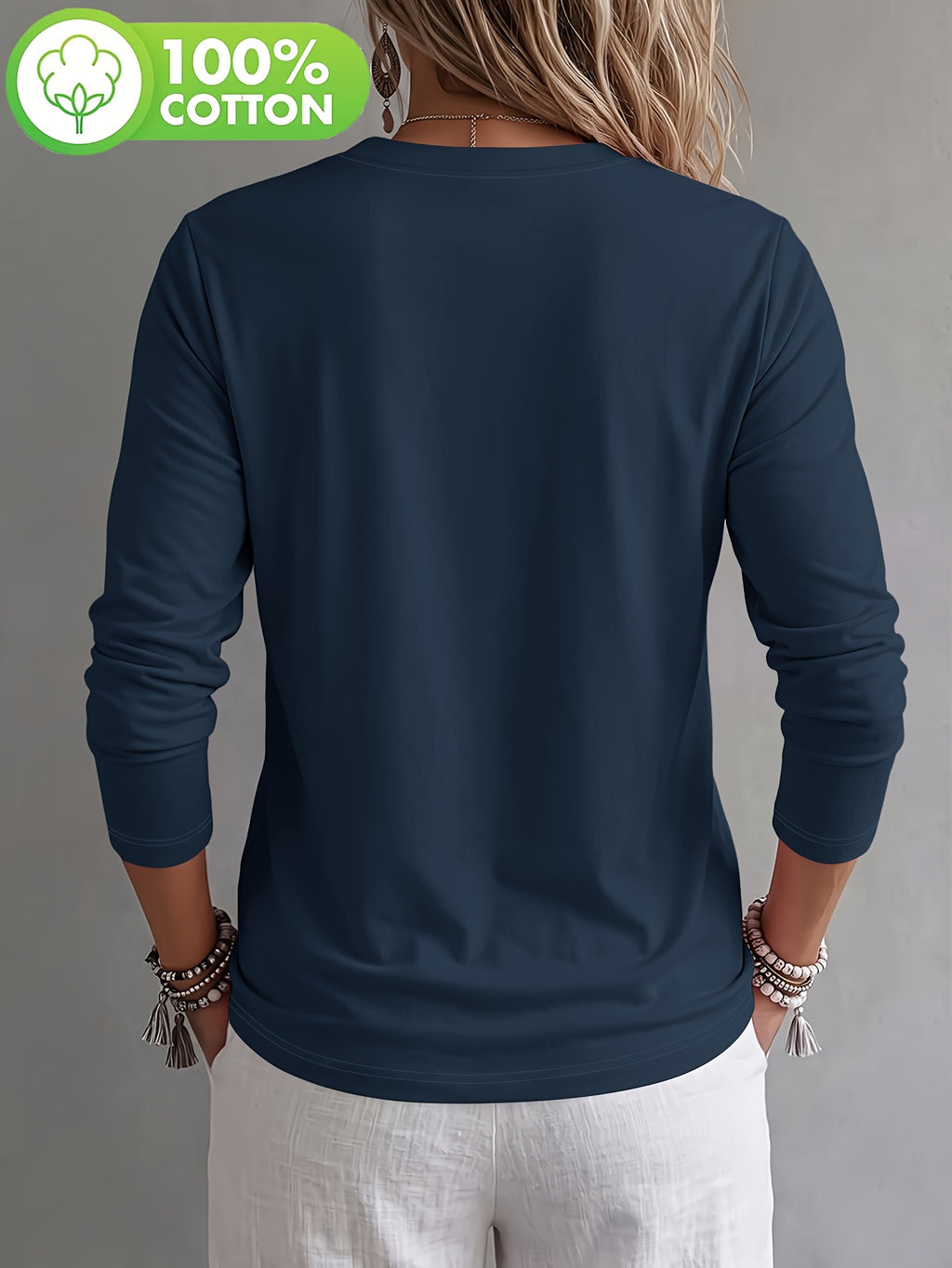 T-shirt grande taille, col rond, manches longues, toucher naturel, détail du tissu