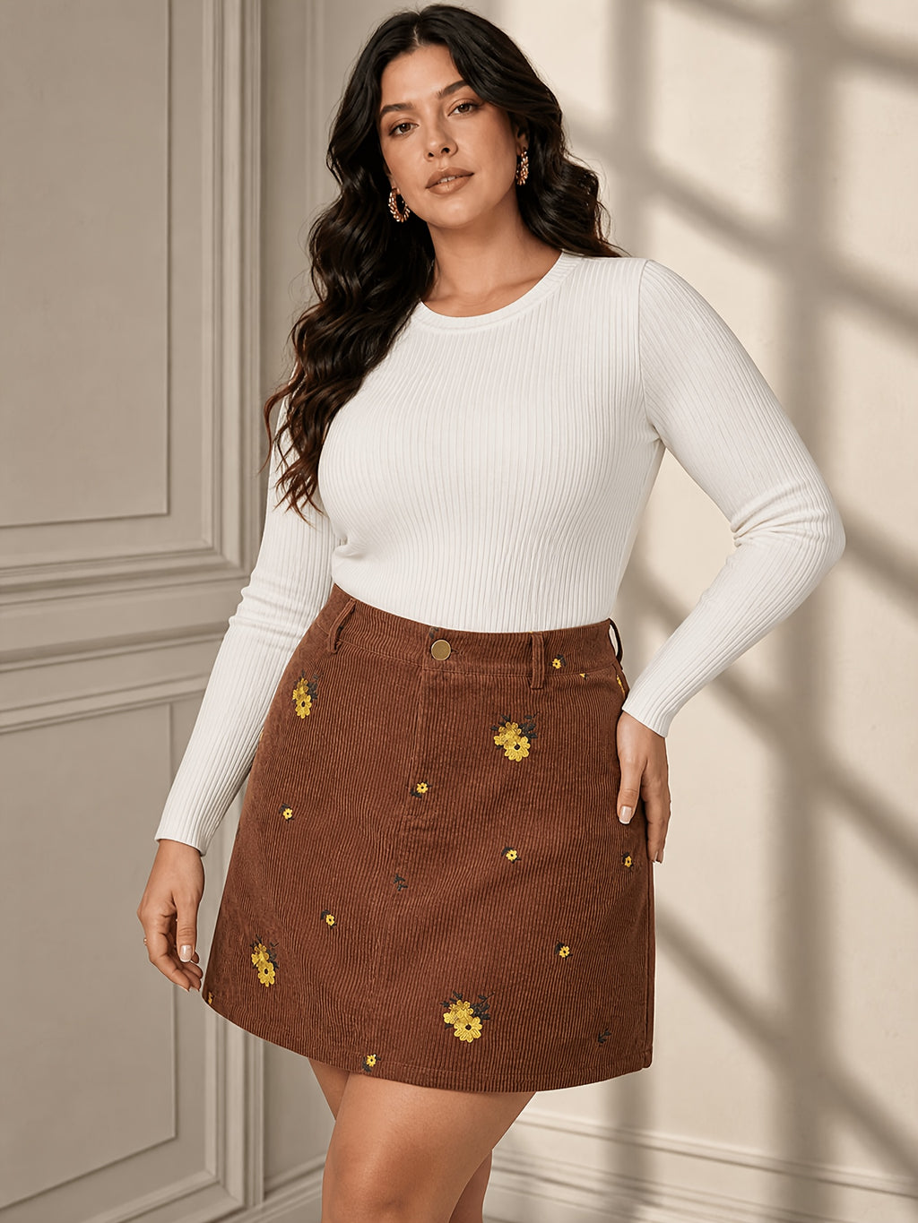 Jupe grande taille en velours côtelé, tissu opaque