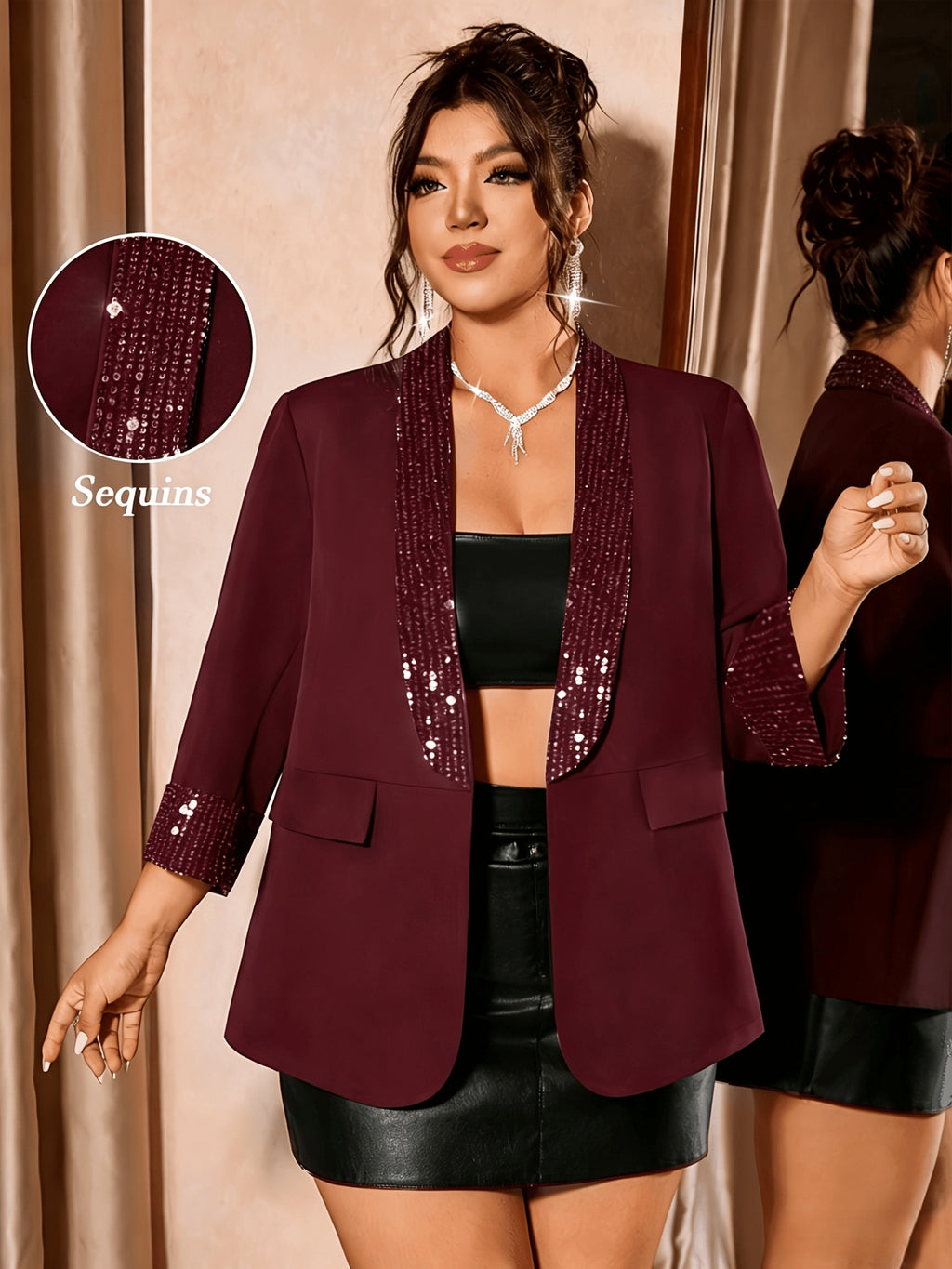 Veste grande taille, coupe oversize, paillettes, vue de profil