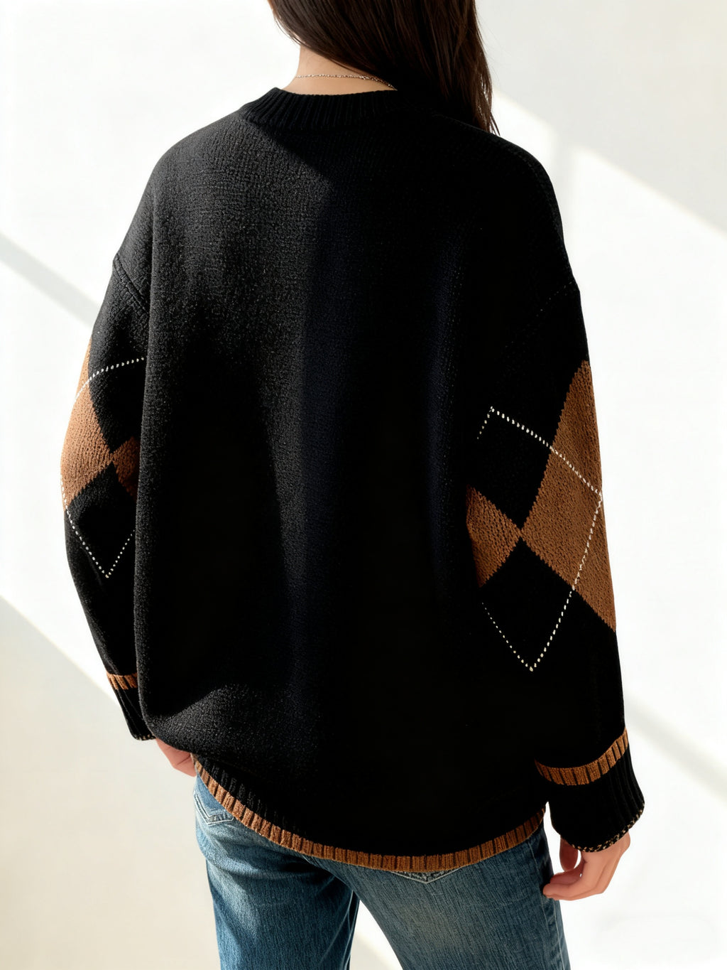 Pull grande taille à imprimé géométrique, toucher moelleux, chaleur d'hiver, vue de profil