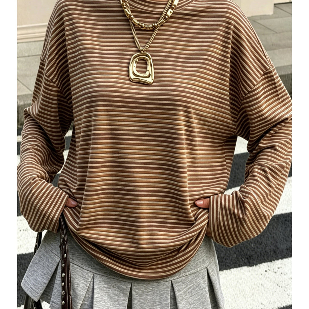Top grande taille à rayures, coupe oversize, manches longues — matière : polyester