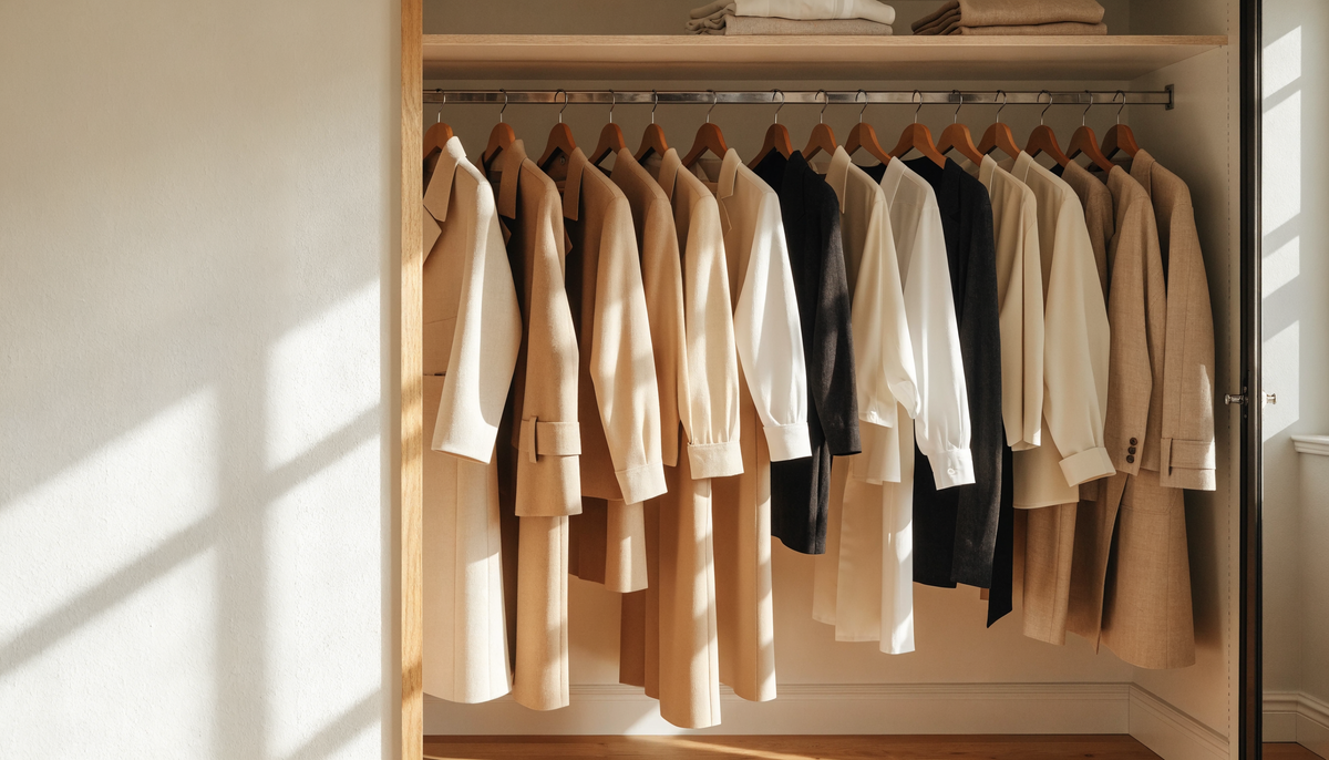 Penderie ouverte avec des vêtements grande taille sur cintres en bois