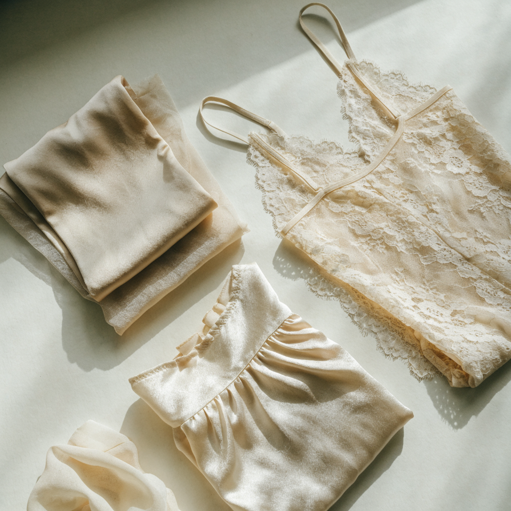 Body en dentelle et chemise de nuit pliés en tons neutres