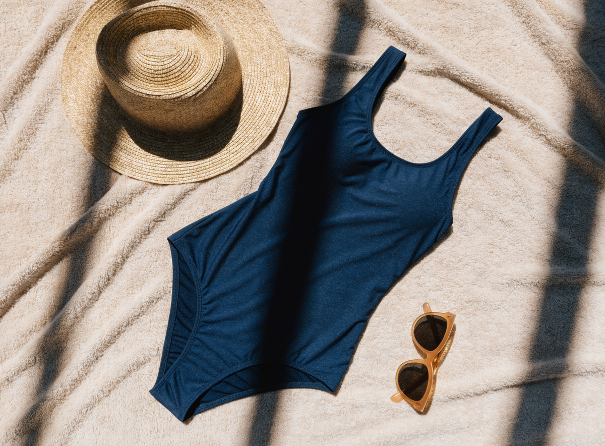 Maillot de bain une pièce bleu marine posé à plat avec un chapeau de paille Image
