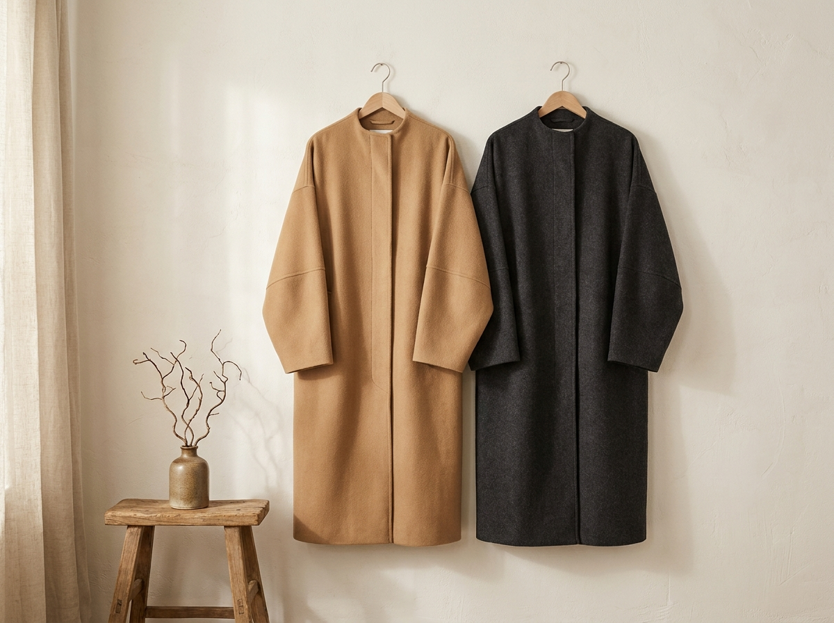 Manteau long camel et manteau gris anthracite en laine sur cintres en bois, coupes amples Image