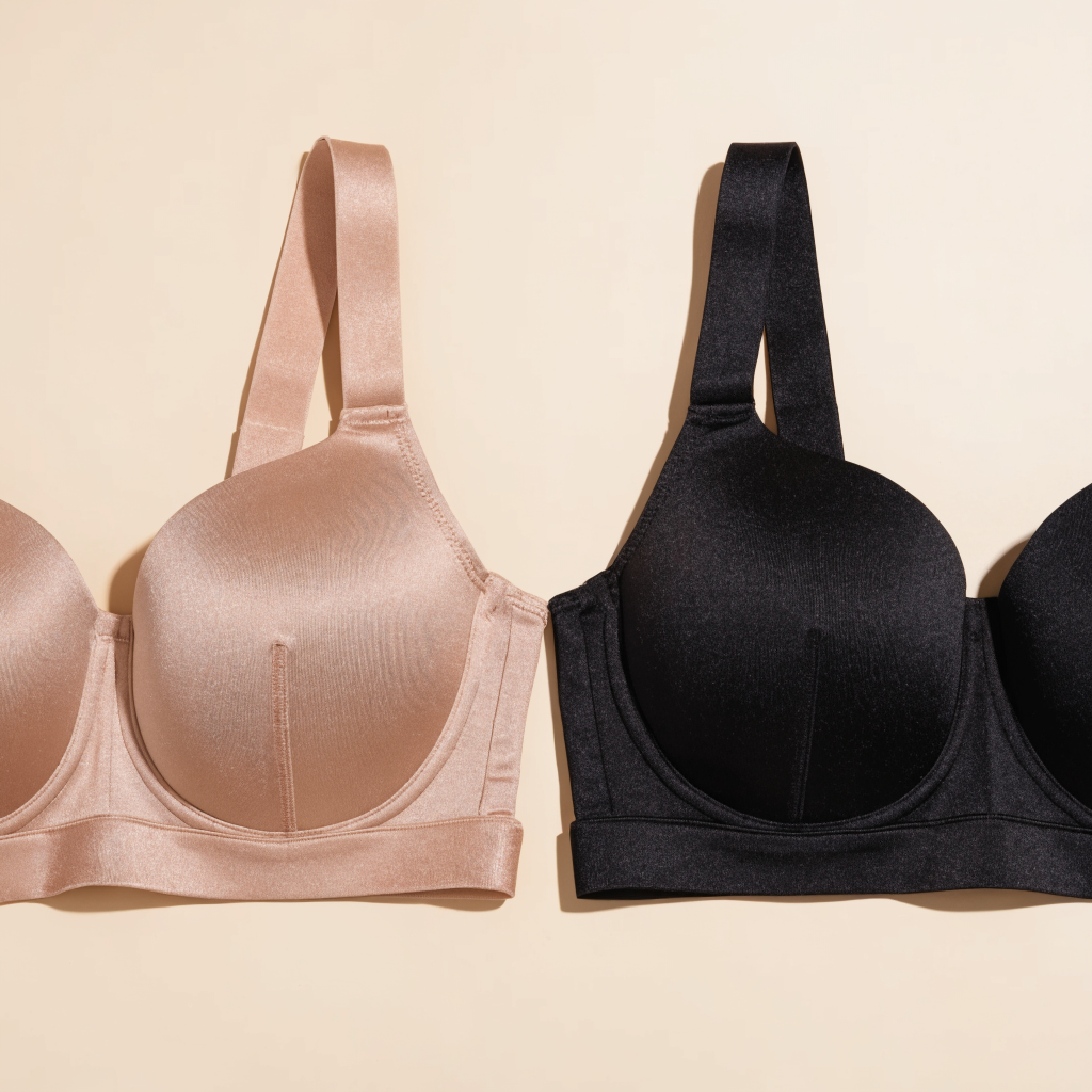 Deux soutiens-gorge à bonnet entier posés à plat, nude et noir