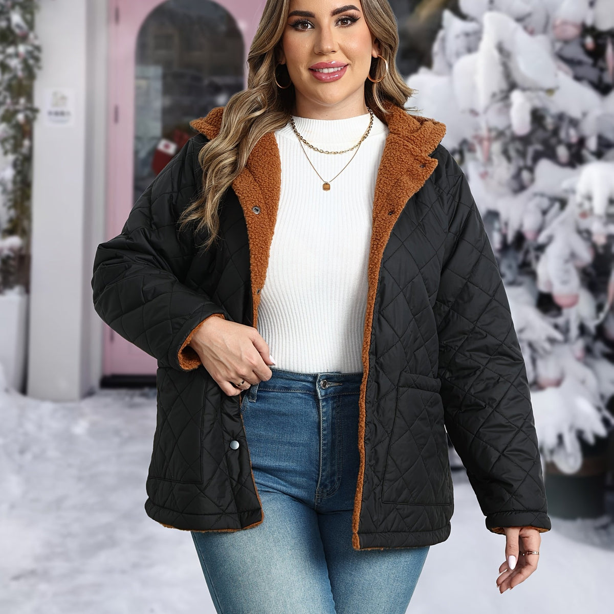 Veste grande taille, capuche, boutonnage, chaleur d'hiver — matière : polyester