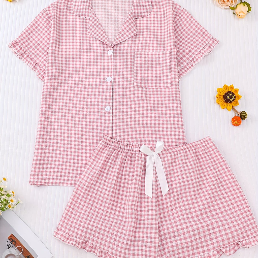 Pyjama grande taille à carreaux, manches courtes — composition : 95% Polyester, 5% Élasthanne