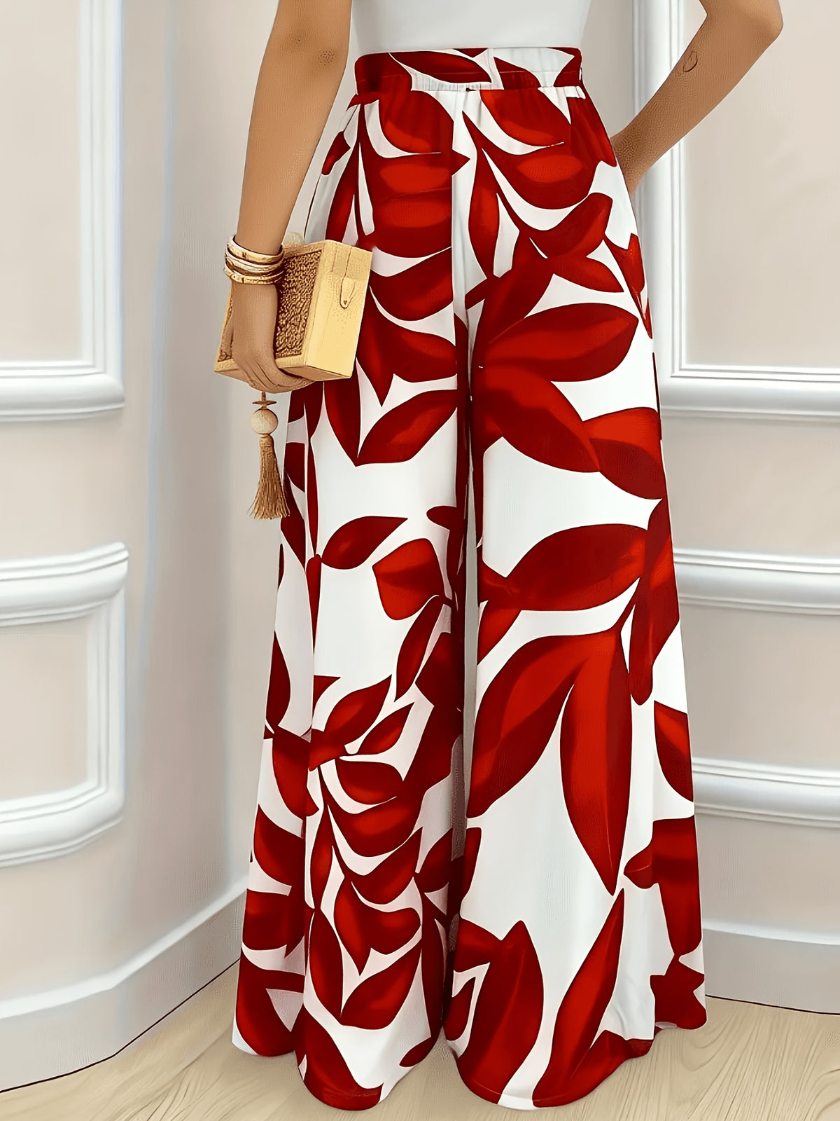 Pantalon grande taille à imprimé tropical, coupe évasée — composition : 95% Polyester, 5% Élasthanne Image