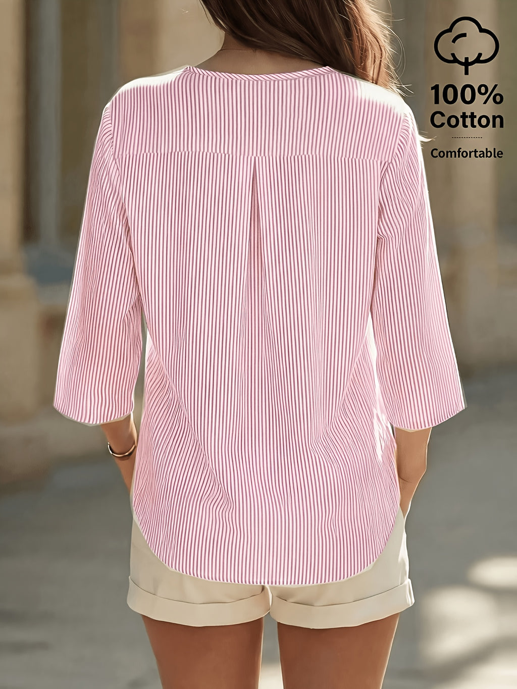 Chemise grande taille à rayures, coupe oversize, col V, toucher naturel, vue de profil