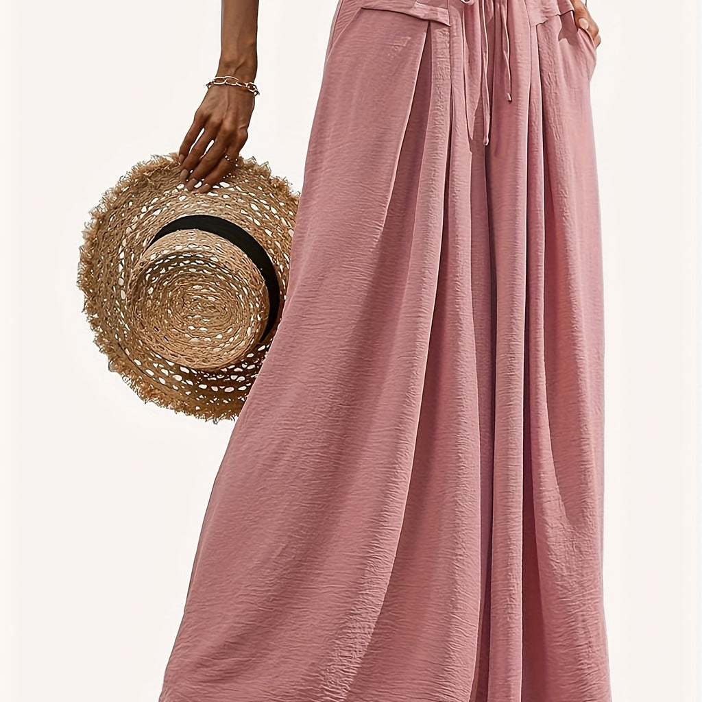 Pantalon grande taille, coupe évasée, cordon de serrage, tissu opaque