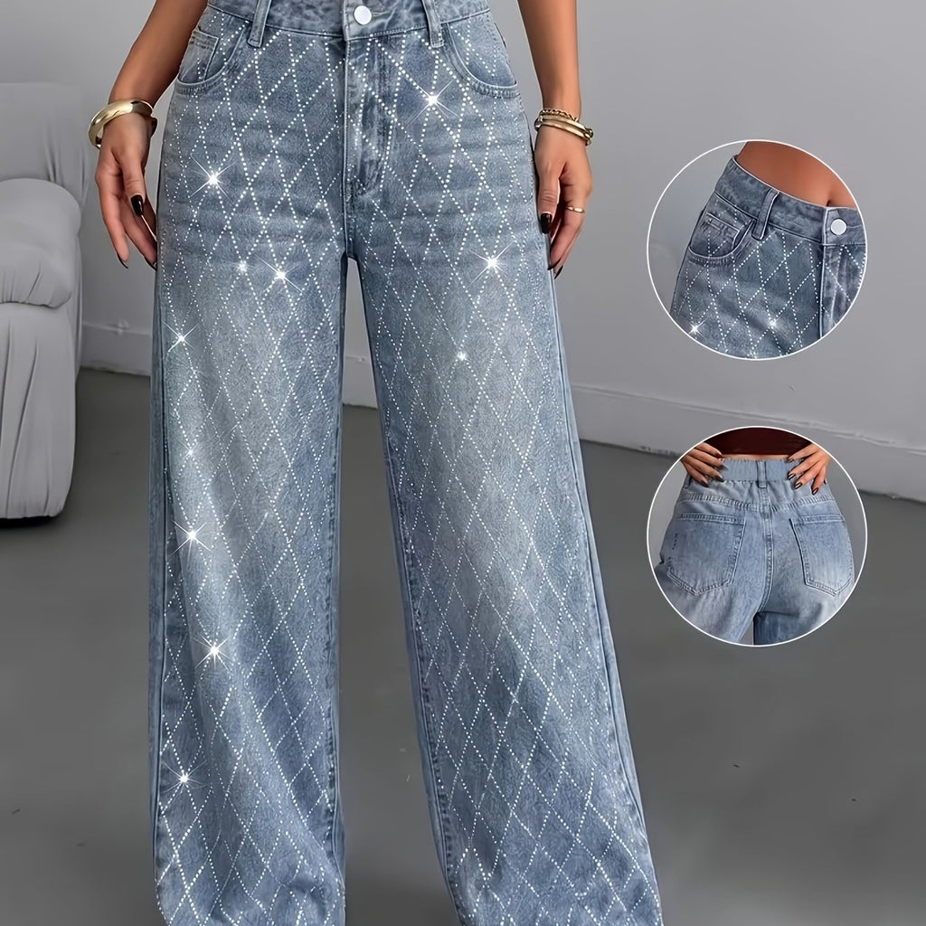 Pantalon grande taille à imprimé géométrique, coupe évasée, tenue franche — matière : denim