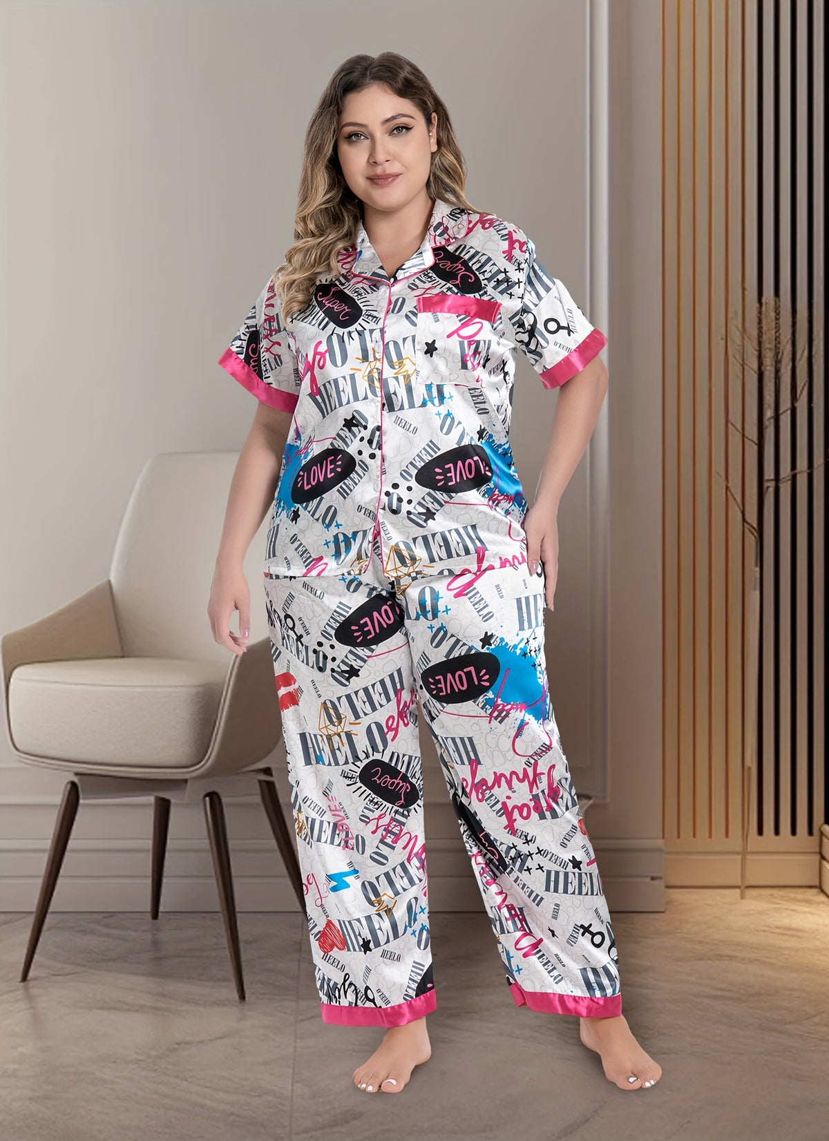 Pyjama grande taille en satin à rayures, manches courtes, tombé fluide