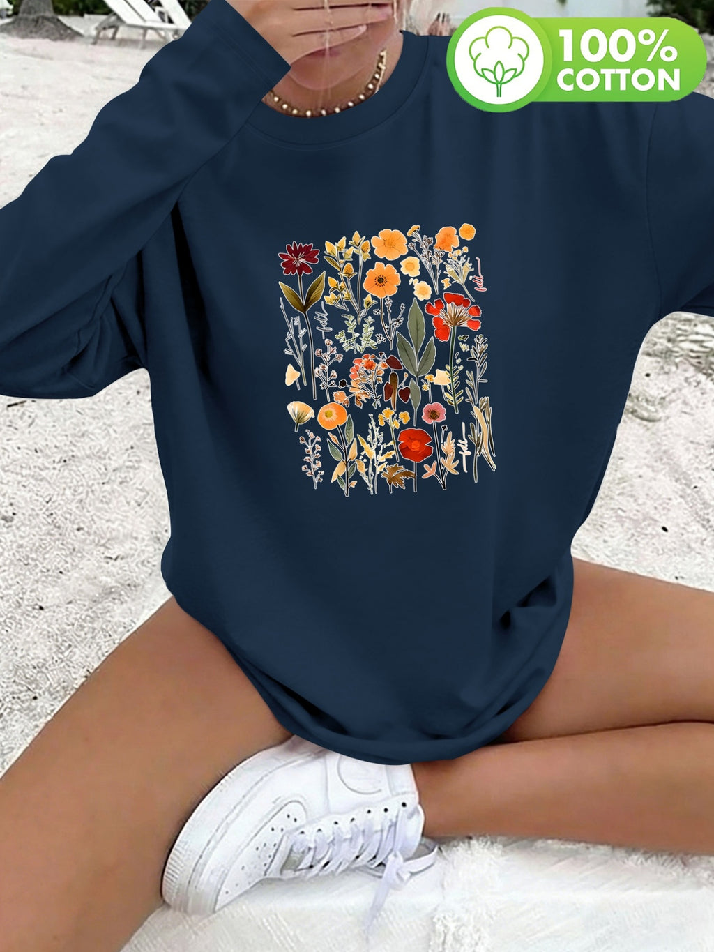 T-shirt grande taille à imprimé fleuri, manches longues, toucher naturel, vue de profil